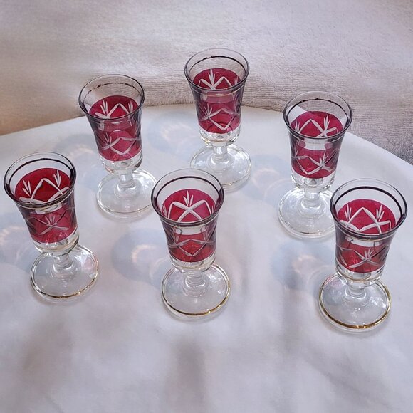 Cristallerie Artistiche Ruby Red Flashed Cordial Shot Glasses 6pc Set Italy 60s - Picture 3 of 8